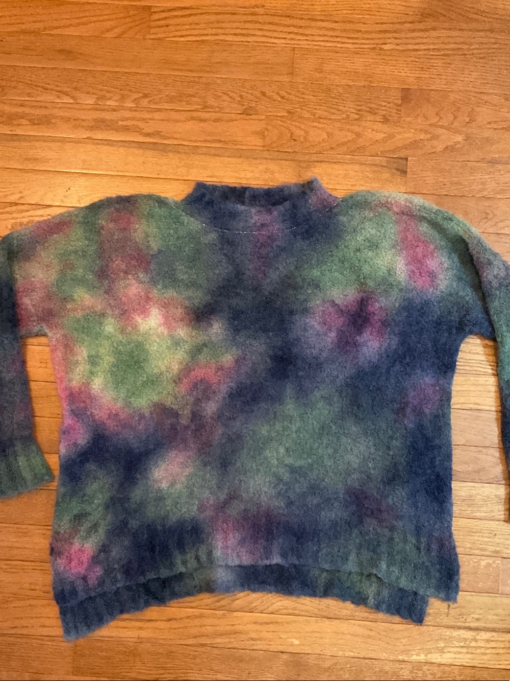 Iridium Multicolor Fuzzy Alpaca Crewneck Sweater - Green, Purple & Pink Wash